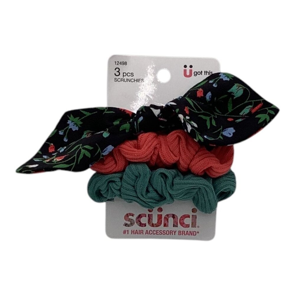 Scünci 3 Pcs U Got This Hair Scrunchies W/ Floral Bow Coral‎ & Teal Colors 12498